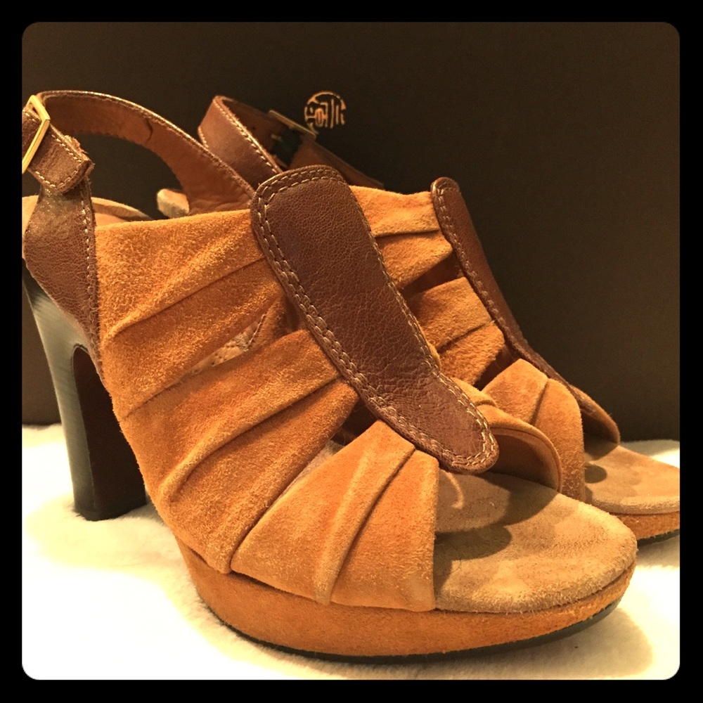 Chie Mihara platform sling backs in suede/leather.